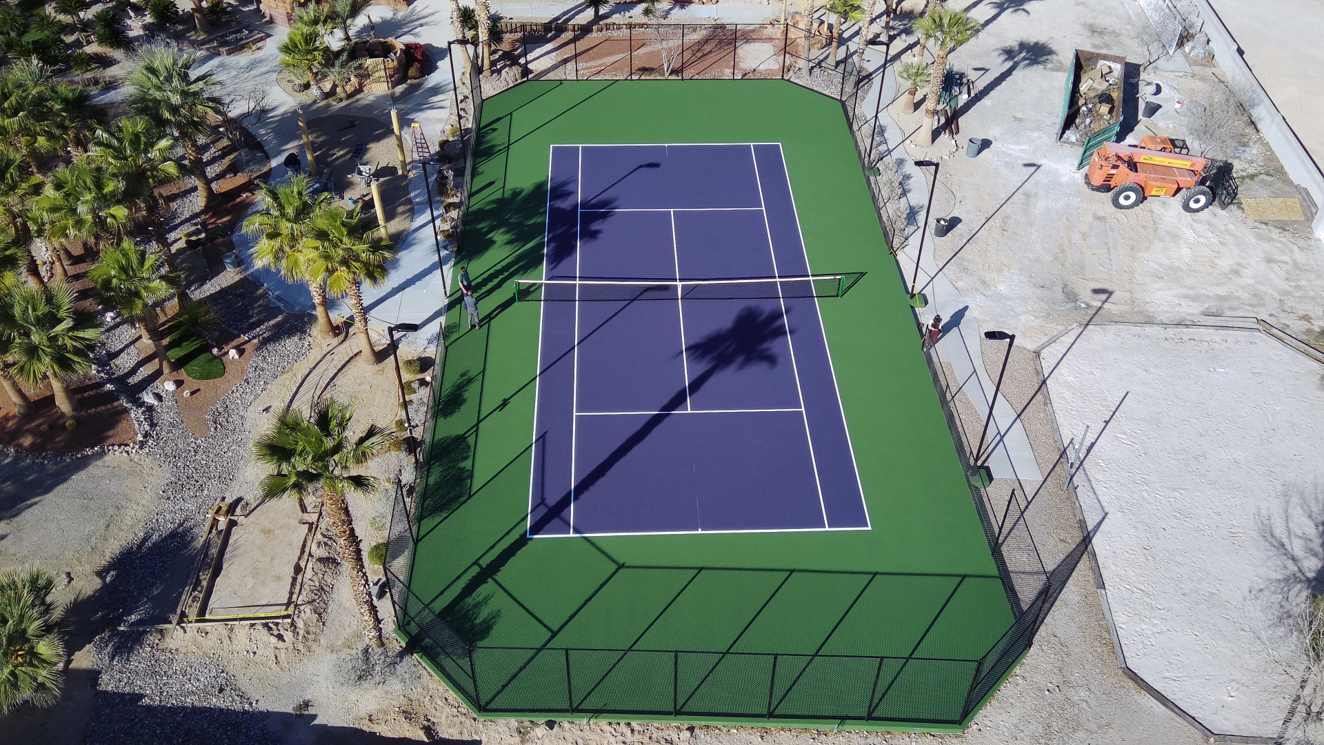Aerial View — New Post-Tension Tennis Court with Black Chain Link